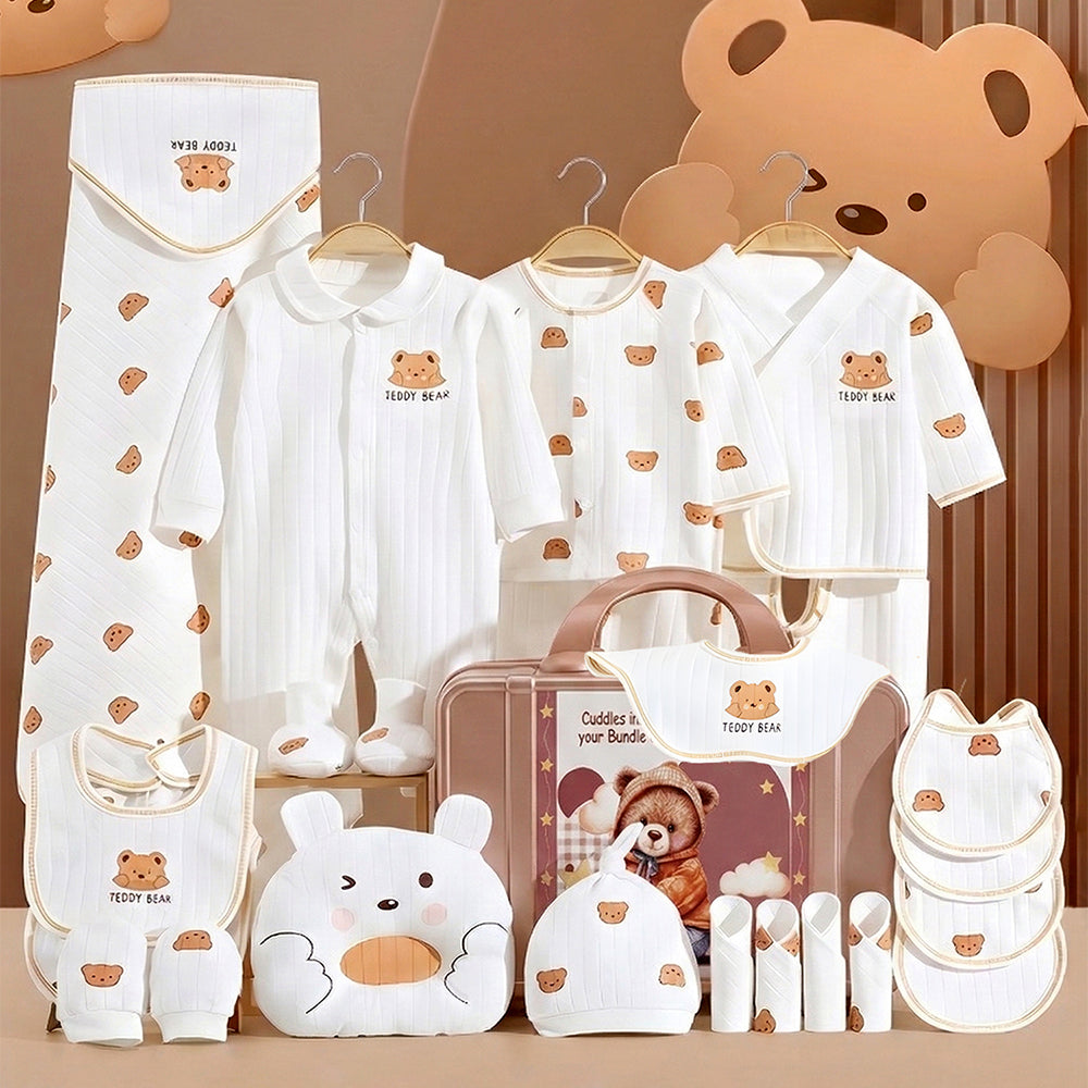 Little Surprise Box, 25pcs Cream Teddy Bear Collared Newborn Baby Hamper, Baby Boy/Baby Girl with Suitcase, 0-12 months