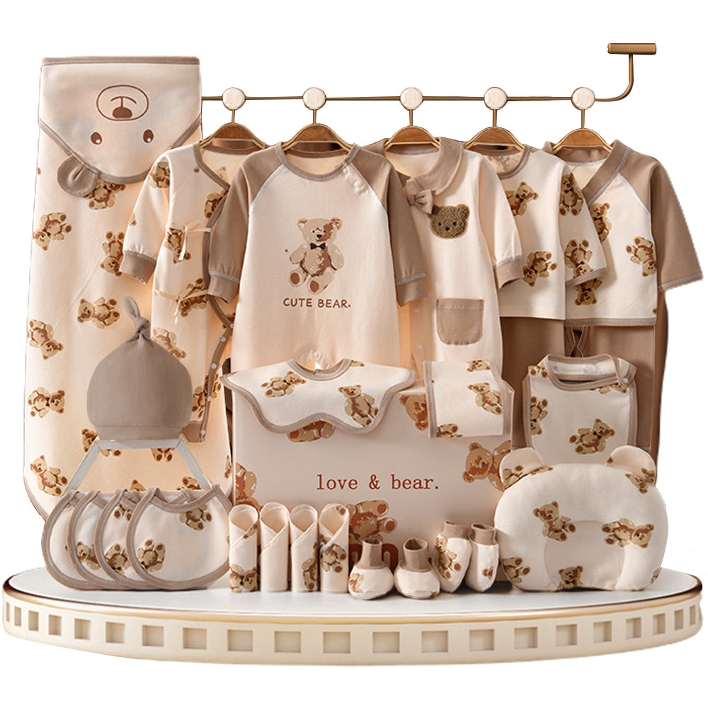 Little Surprise Box, 26pcs Cream & Brown Teddy Love , New born Baby Girl/Boy Gift Hamper all Season wear Clothes Gift Hamper Box, (0-6months)