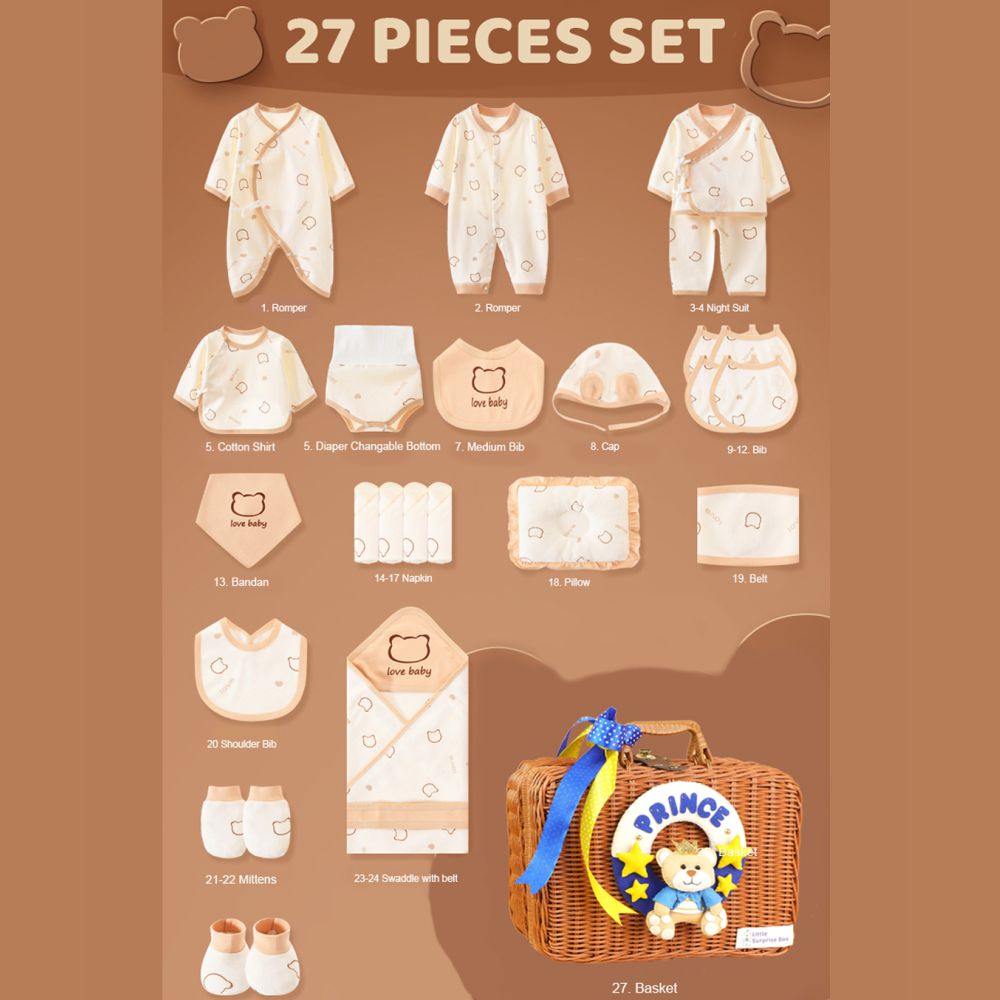 Box,27 pcs Brown Prince Teddy  Newborn Baby Girl/Baby Boy All Season wear,Gift Hamper set,0-6 months