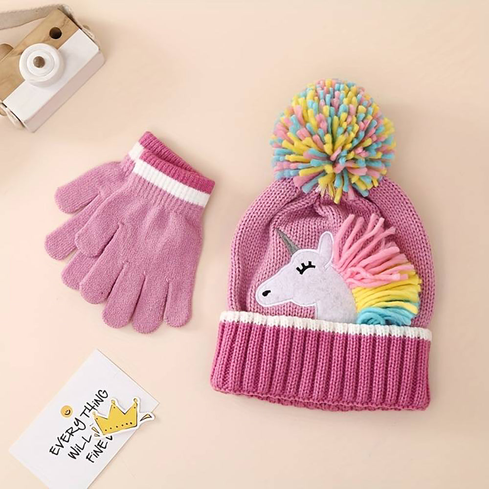 Little Surprise Box Muave Frill Unicorn Winter Cap Beanie & Matching Gloves, 2 pcs set, 3yrs- 8yrs