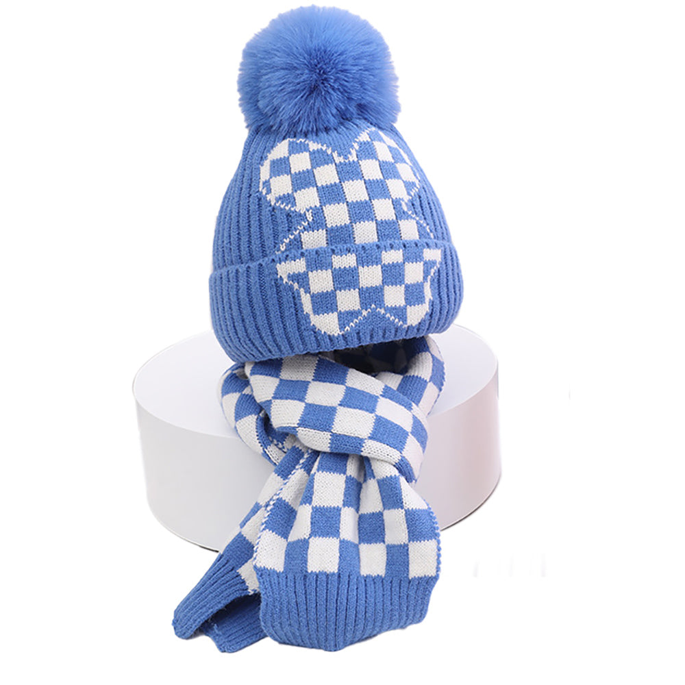 Little Surprise Box Blue Checkered Winter Cap Beanie & Matching Neck Muffler 2pcs Set