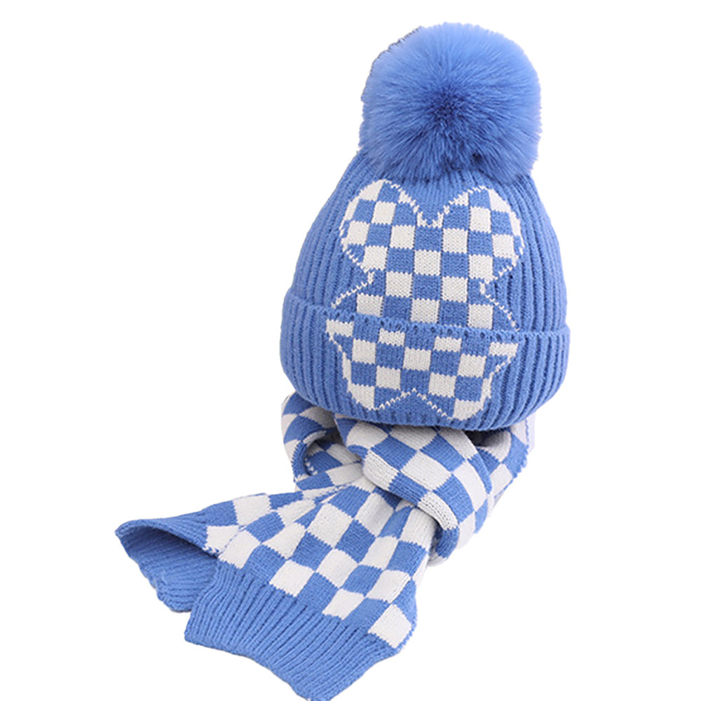 Little Surprise Box Blue Checkered Winter Cap Beanie & Matching Neck Muffler 2pcs Set