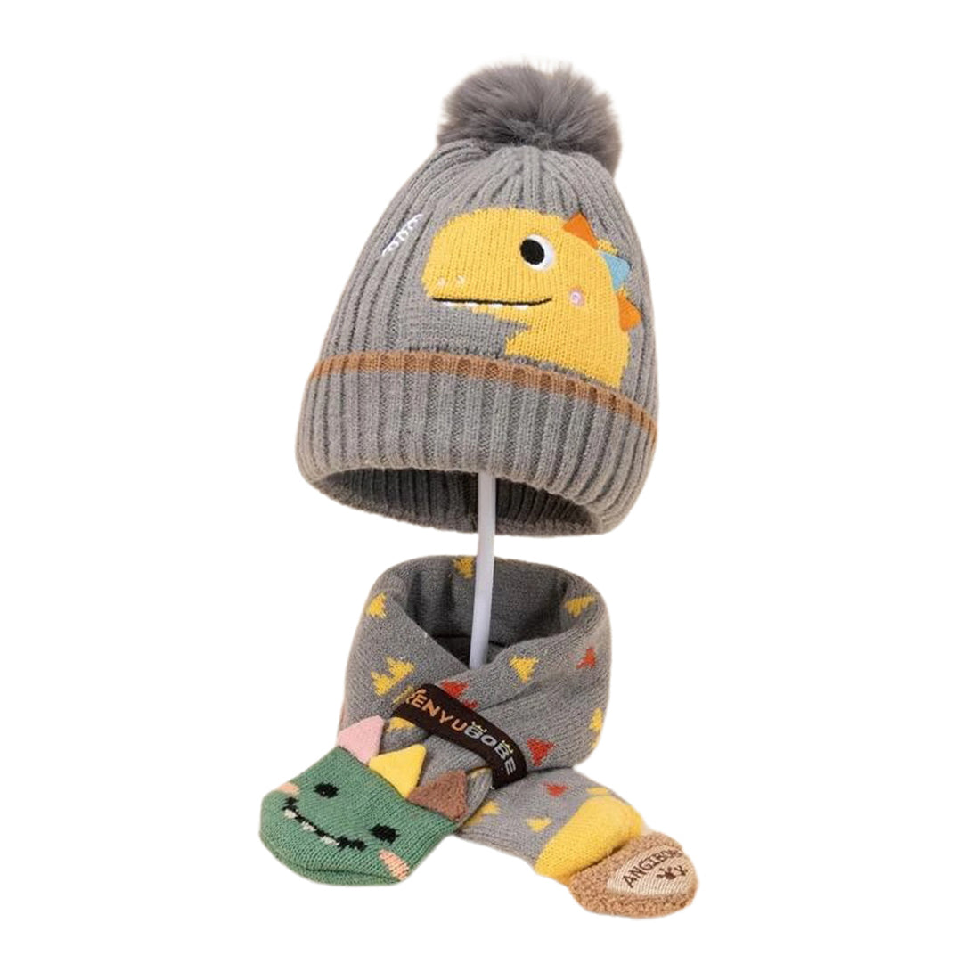 Grey Dino Kids Winter Cap Neck Muffler Set