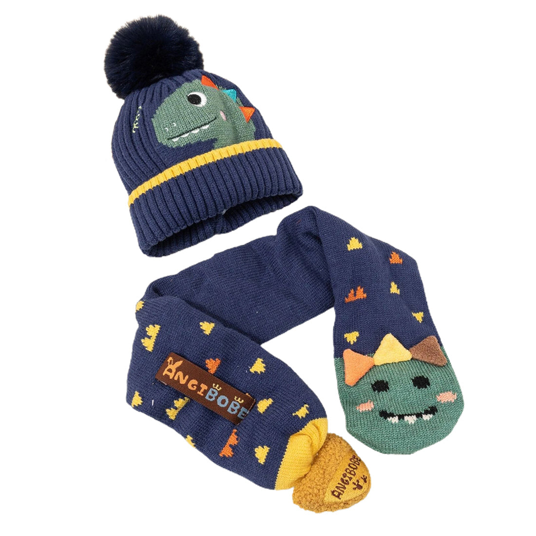 Navy Blue Dino Kids Winter Cap & Neck Muffler Set