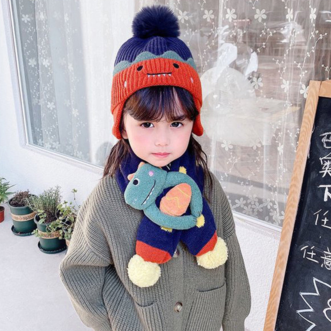 Navy Blue Naughty Monster Kids Winter Cap & Neck Muffler Set