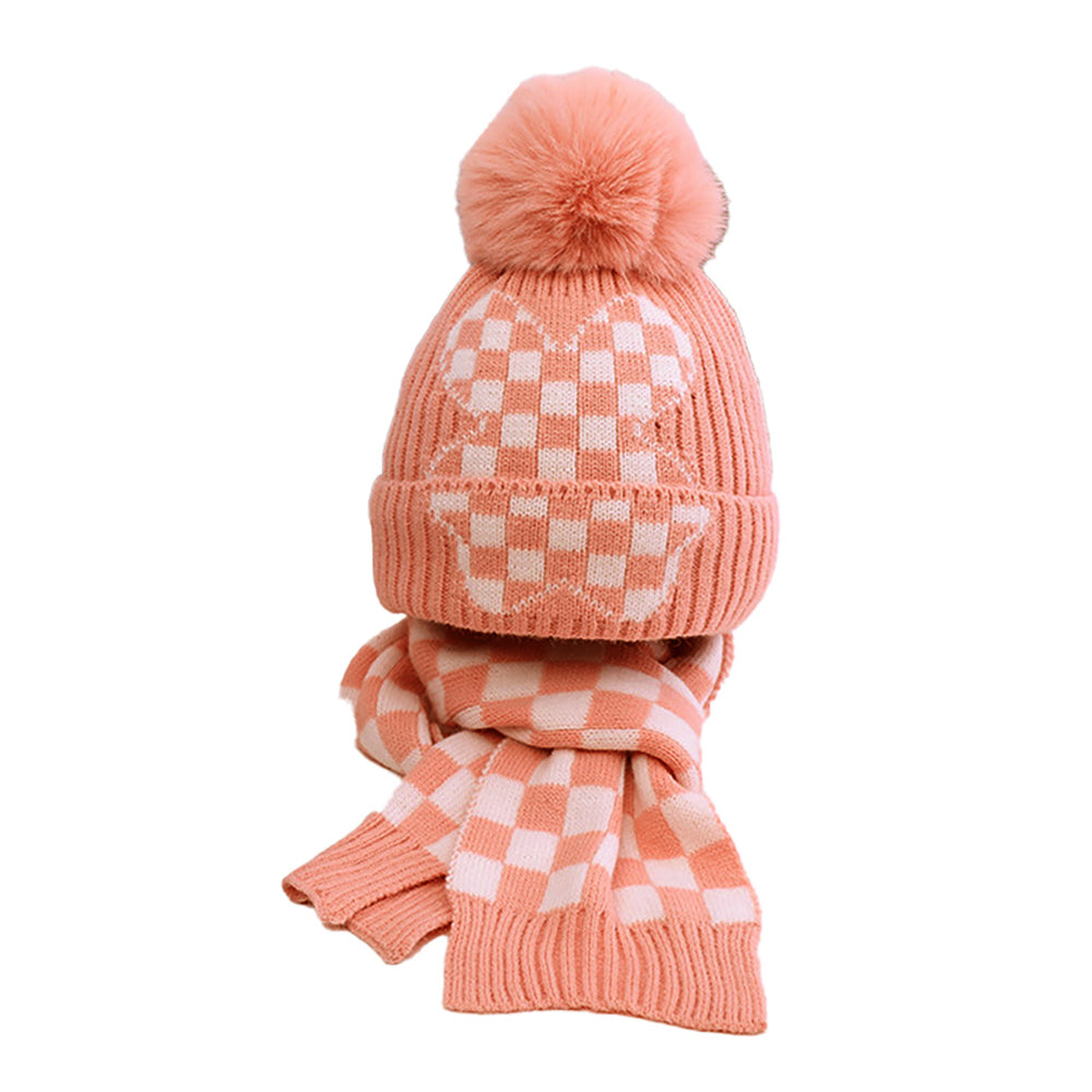 Little Surprise Box Peach Checkered Winter Cap Beanie & matching Neck Muffler 2pcs Set