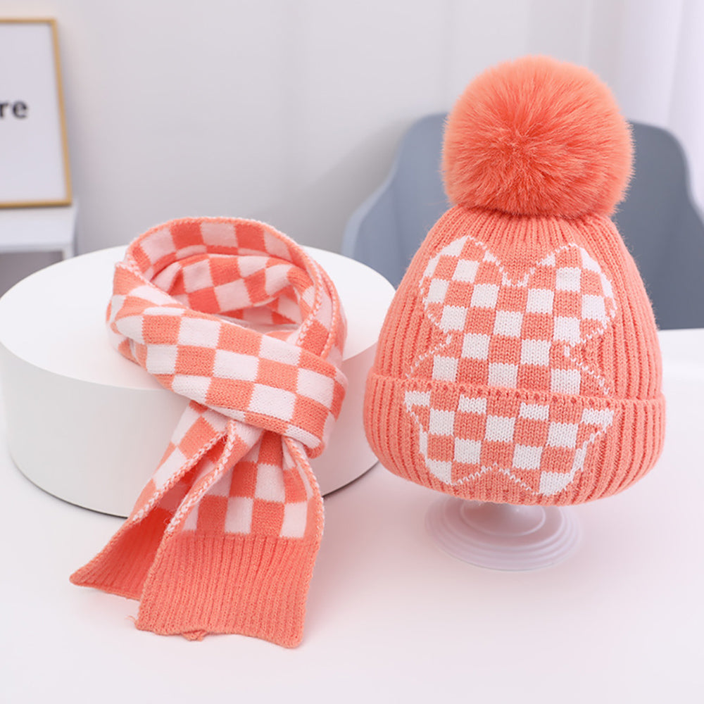 Little Surprise Box Peach Checkered Winter Cap Beanie & matching Neck Muffler 2pcs Set