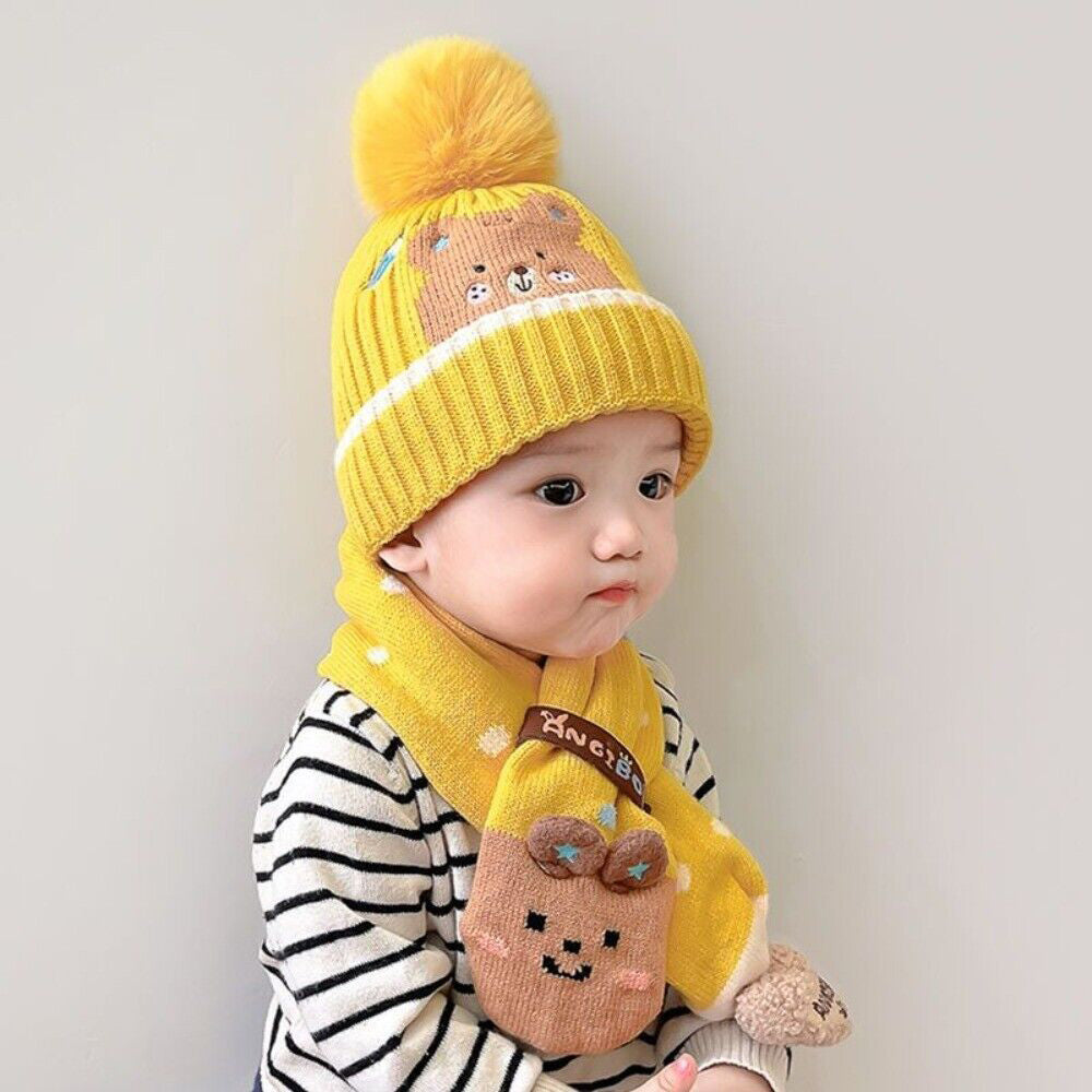 Little Surprise Box Yellow Ted Winter Cap Beanie & Matching Neck Muffler 2pcs Set, 3yrs- 8yrs