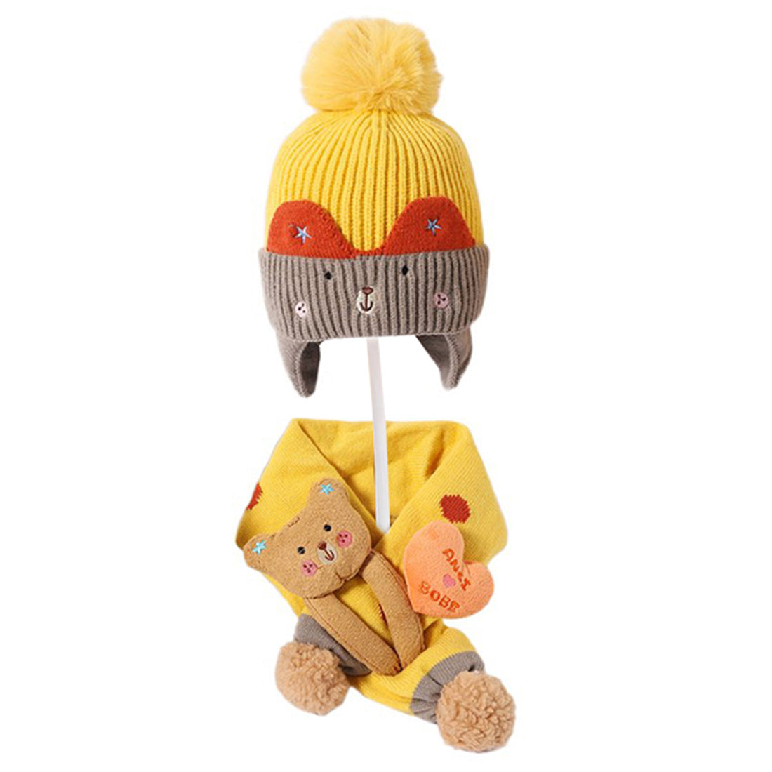 Yellow & Grey Bear Winter Cap & Neck Muffler Set