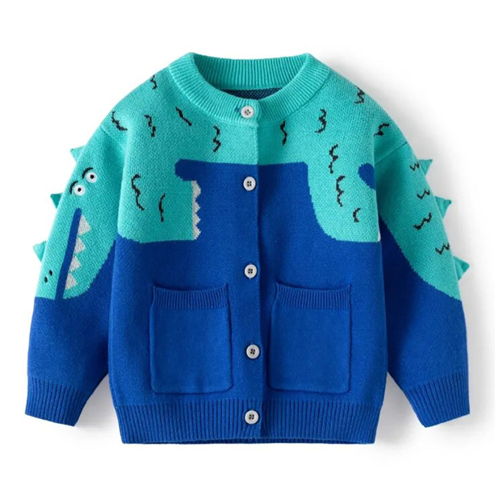 Little Surprise Box Turquoise Blue Dinosaur Cardigan/Warmer/Sweater for Toddlers & Kids