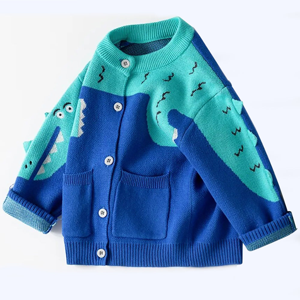 Little Surprise Box Turquoise Blue Dinosaur Cardigan/Warmer/Sweater for Toddlers & Kids