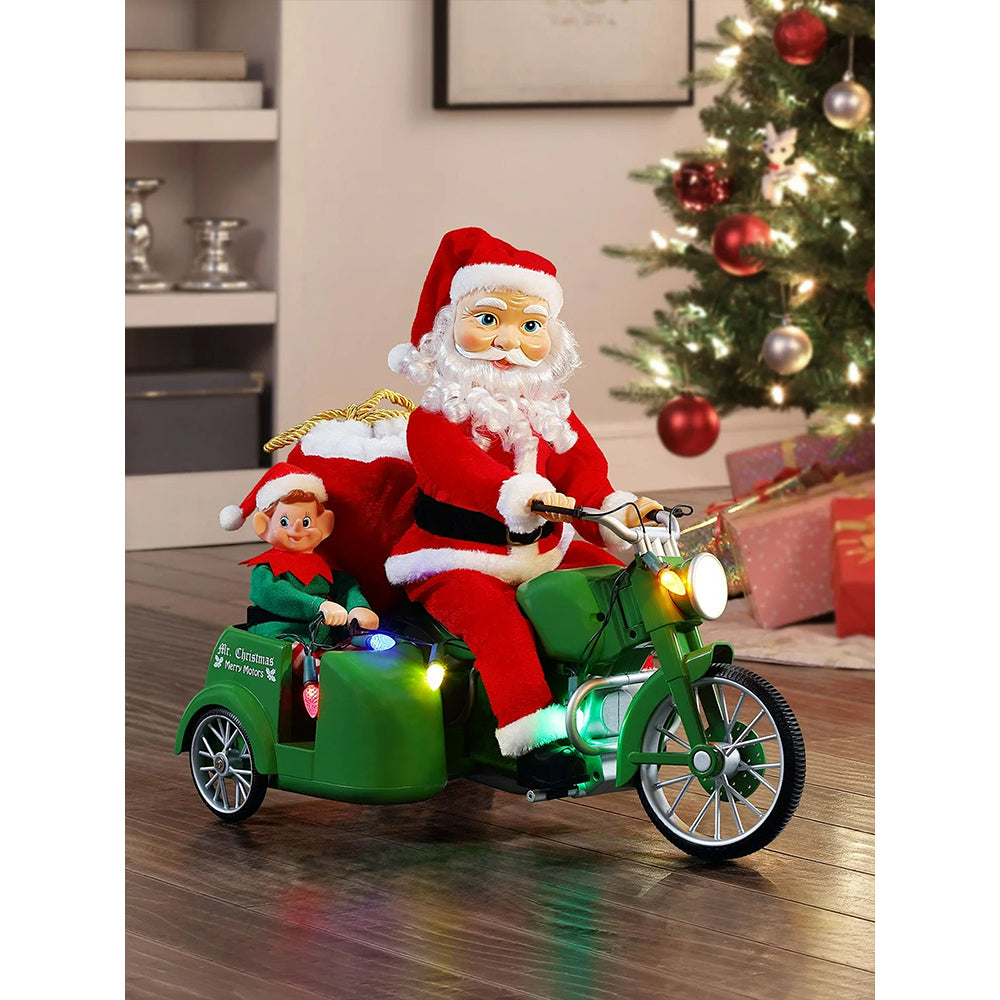 Little Surprise Box, Santa Motorcycle with Elf in Sidecar Light, Music And Motion Christmas Home Décor