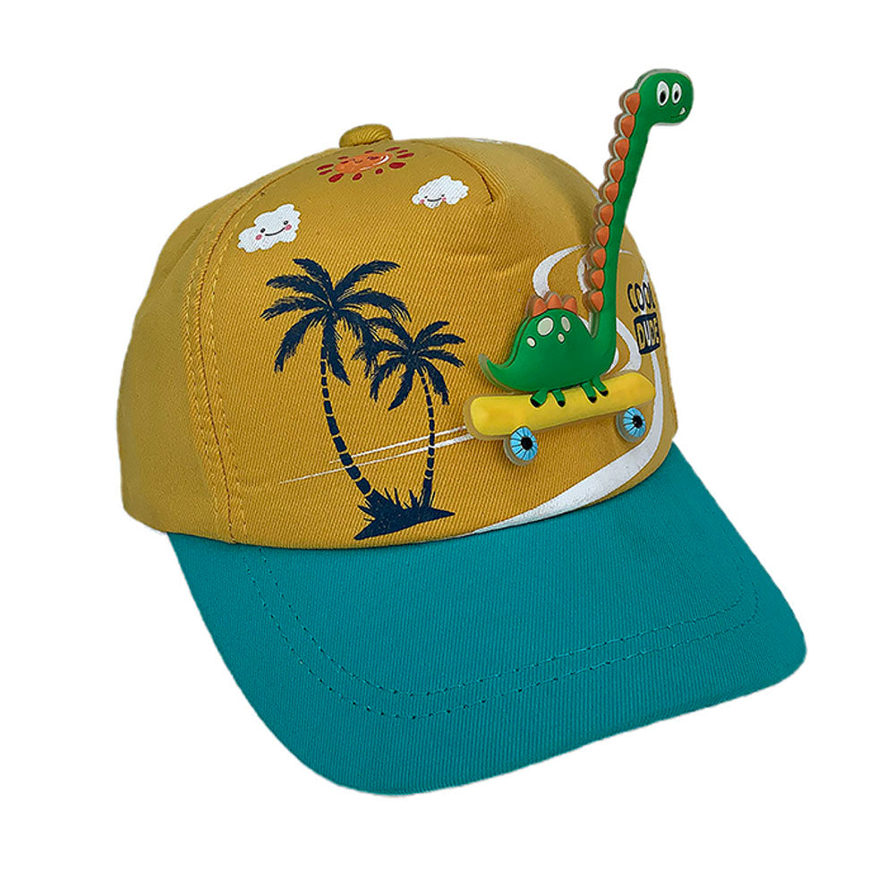 Little Surprise Box, Yellow & Teal 3d Dino on wheels Casual Cap for Kids