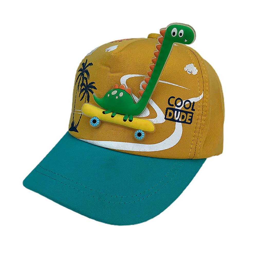 Little Surprise Box, Yellow & Teal 3d Dino on wheels Casual Cap for Kids