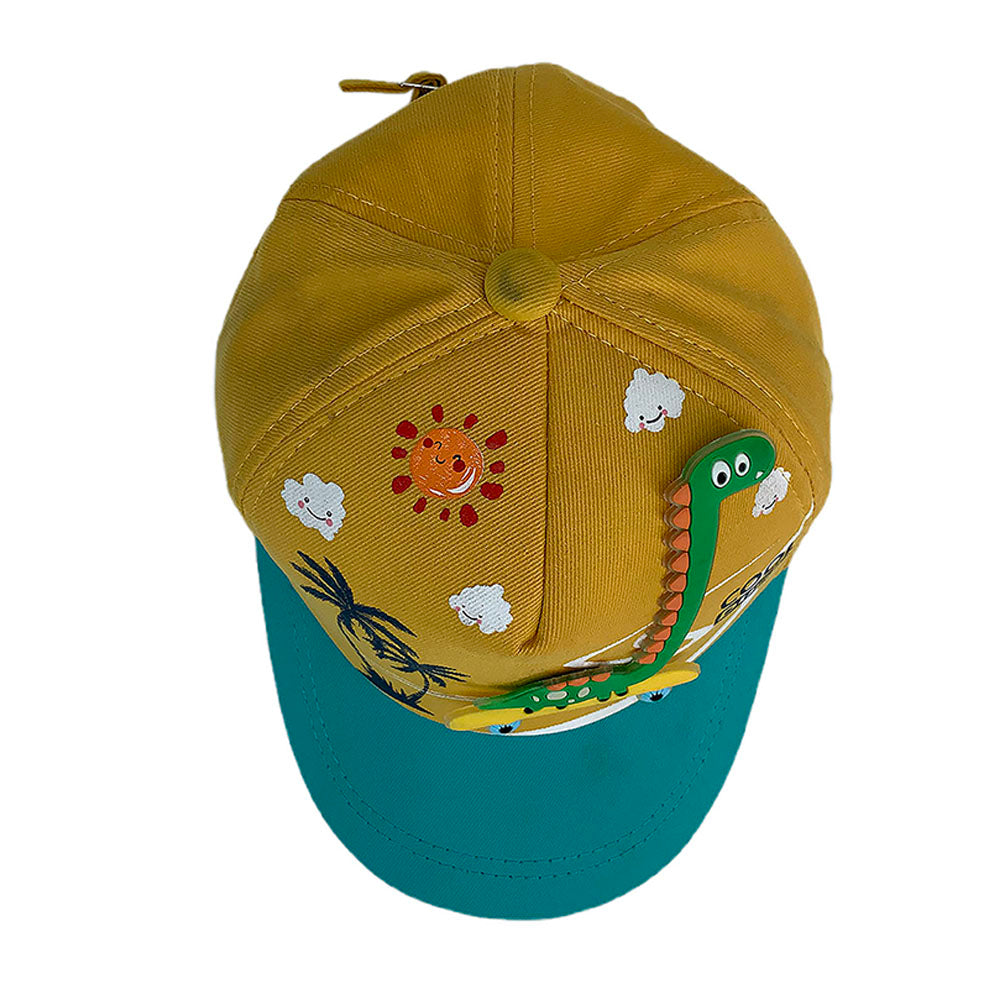 Little Surprise Box, Yellow & Teal 3d Dino on wheels Casual Cap for Kids