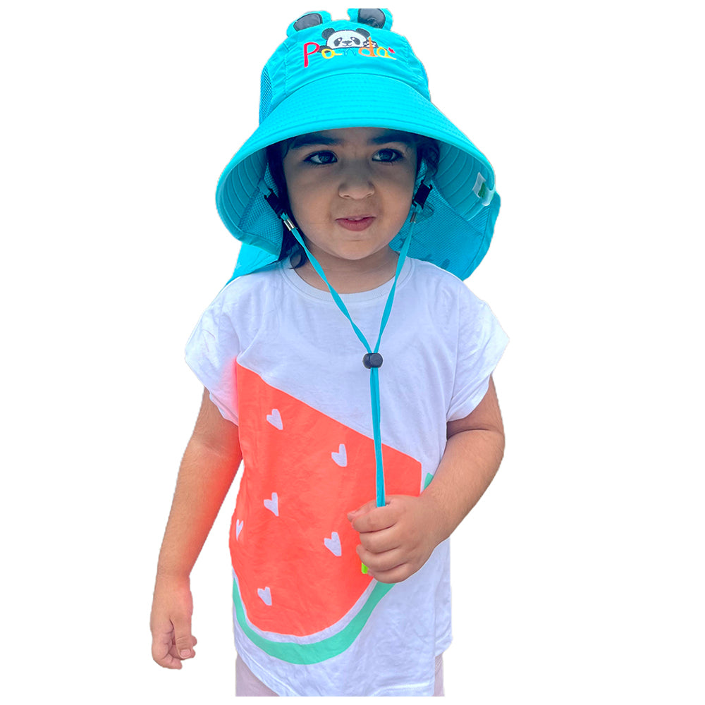 Little Surprise Box, Summer Hat With Wide Neck Flap For Kids, (3-10yrs),  Teal Panda.