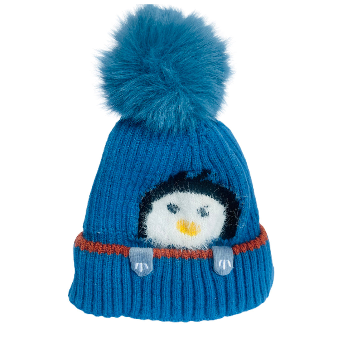 Light Blue Penguin Woven Stretchable Woolen Winter Cap For Kids With Matching Neck Muffler Set (3-10Yrs)