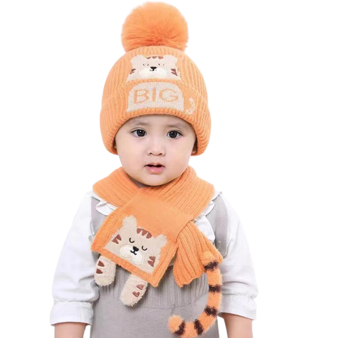 Orange Tiger woven Stretchable Woolen Winter Cap for Kids with Matching Neck Muffler Set (3-10yrs)