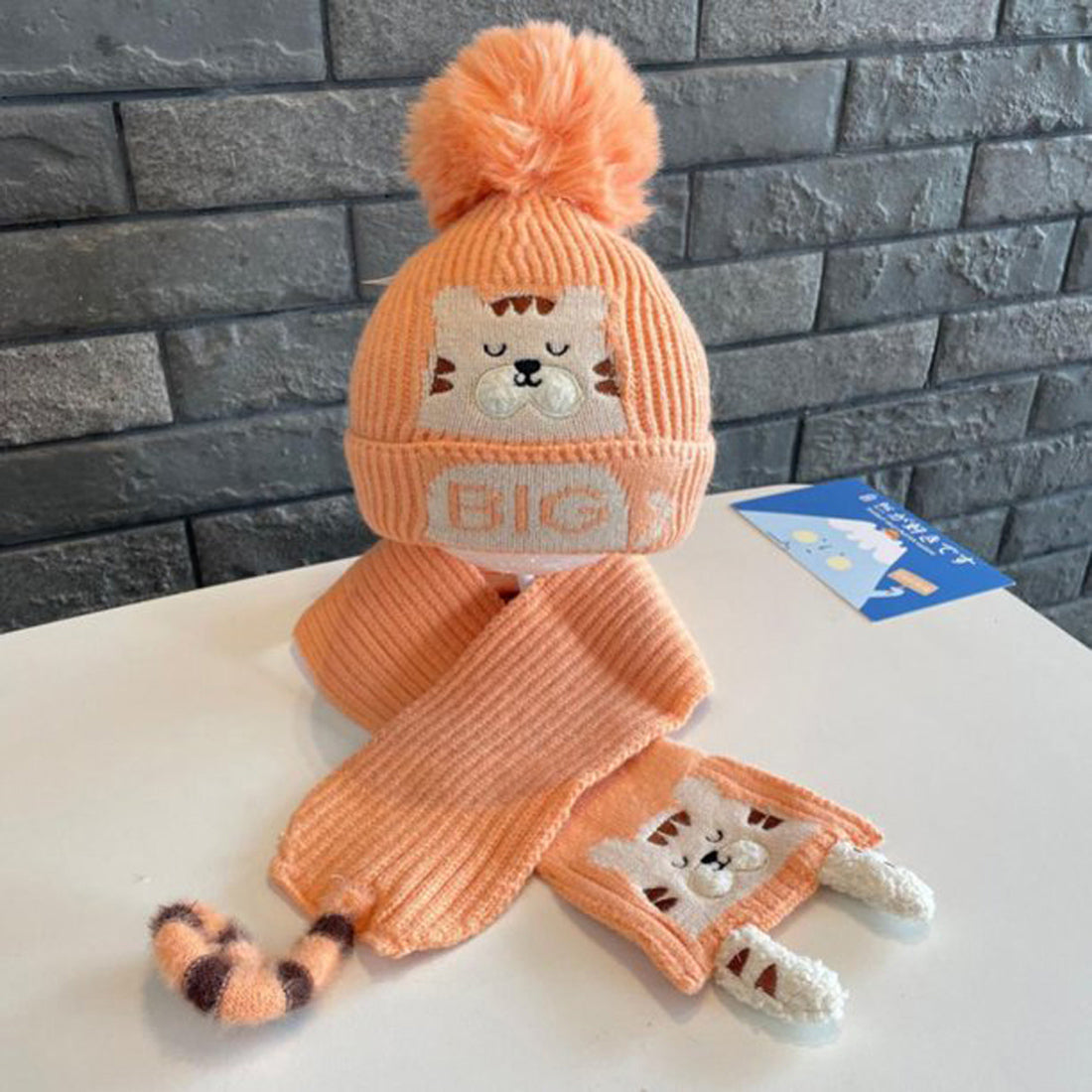 Orange Tiger woven Stretchable Woolen Winter Cap for Kids with Matching Neck Muffler Set (3-10yrs)