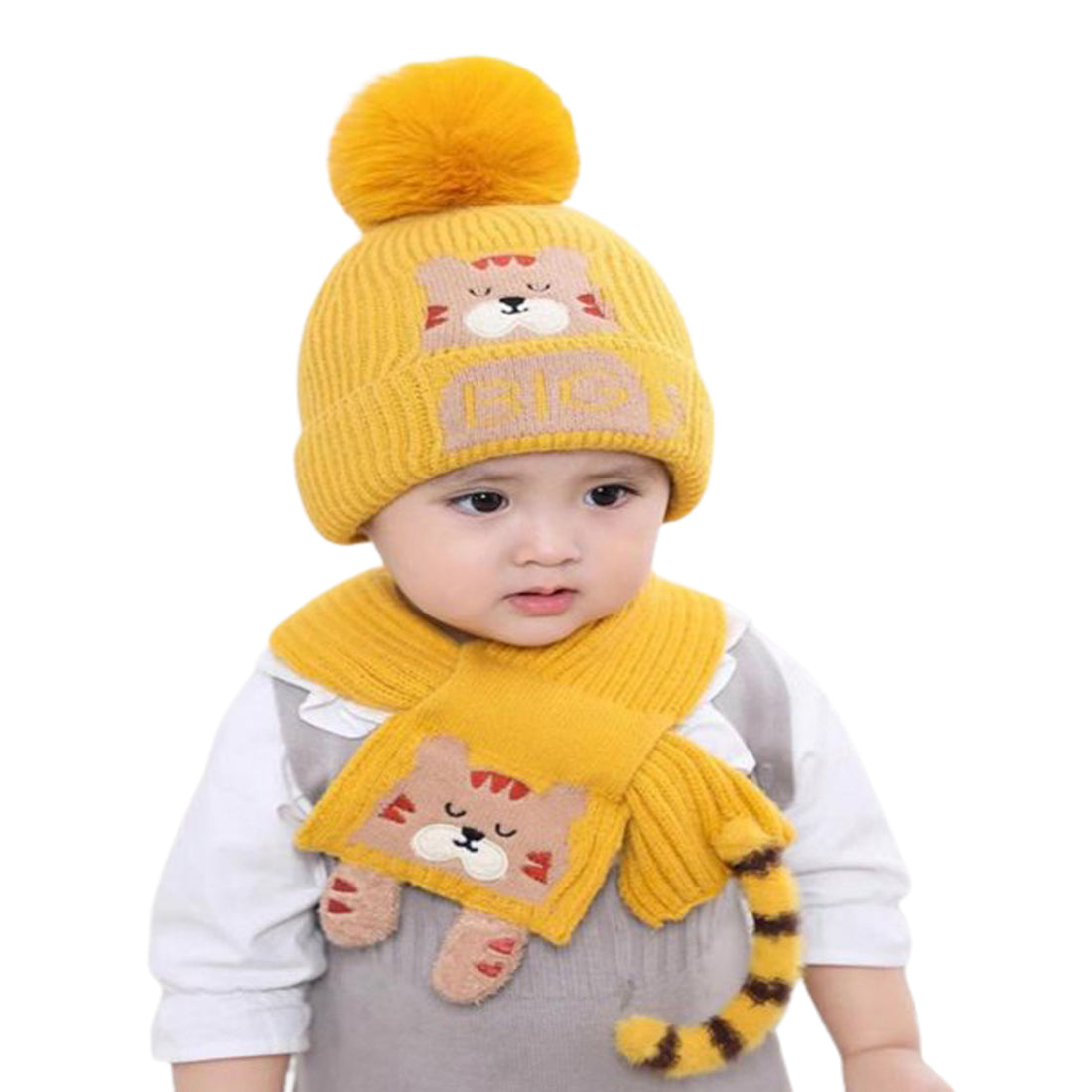 Yellow Bear Woven Stretchable Woolen Winter Cap For Kids With Matching Neck Muffler Set (3-10yrs)