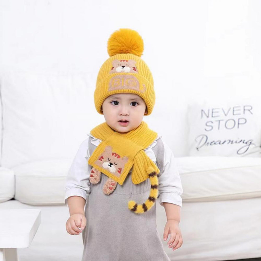 Yellow Bear Woven Stretchable Woolen Winter Cap For Kids With Matching Neck Muffler Set (3-10yrs)