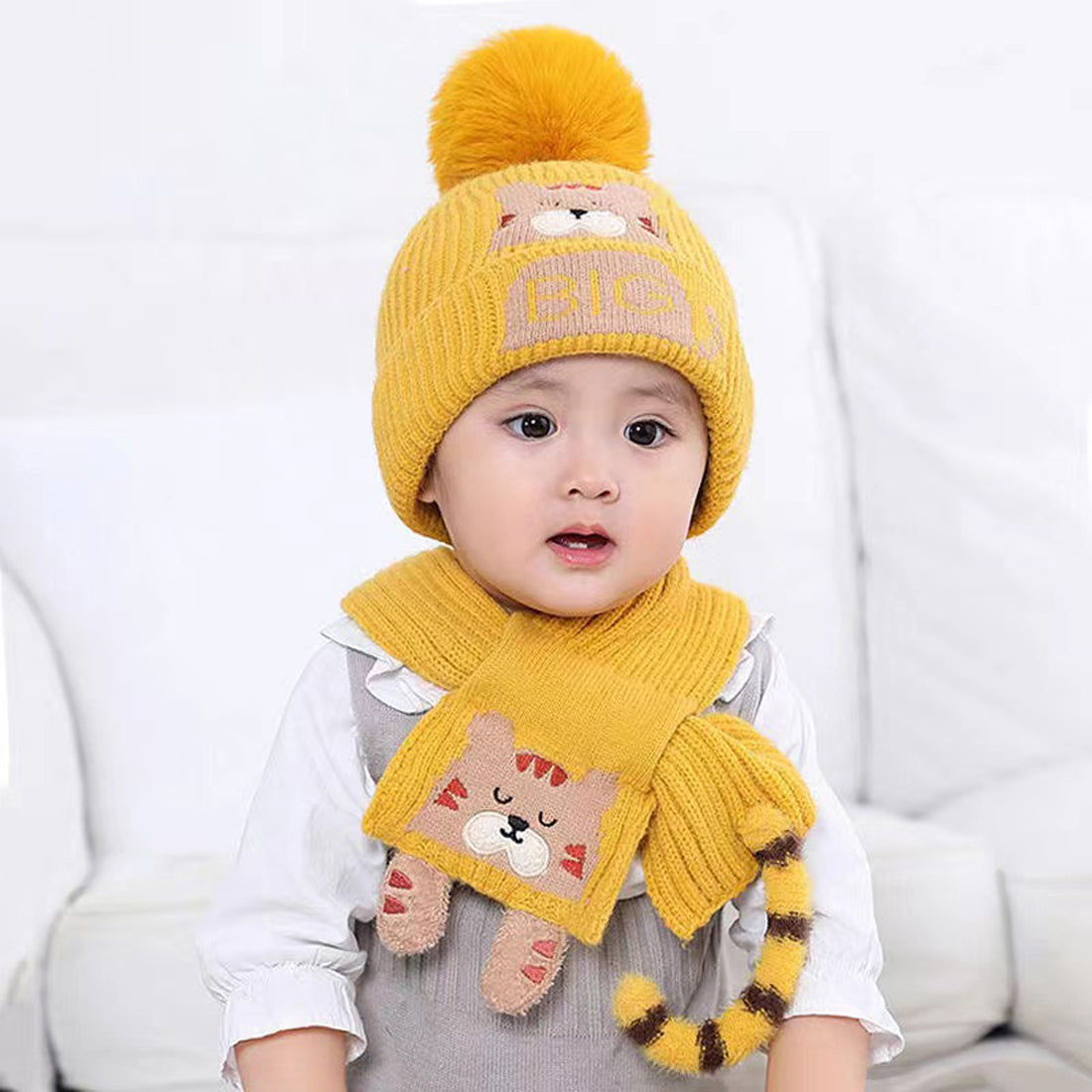Yellow Bear Woven Stretchable Woolen Winter Cap For Kids With Matching Neck Muffler Set (3-10yrs)