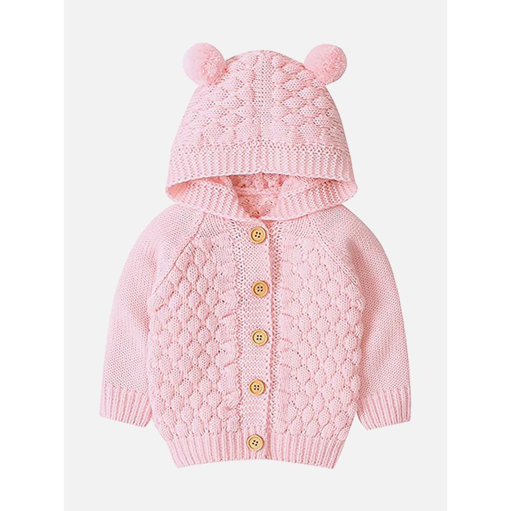 Infants Baby Pink Knitted Cardigan Sweater With Pom Pom Hoodie