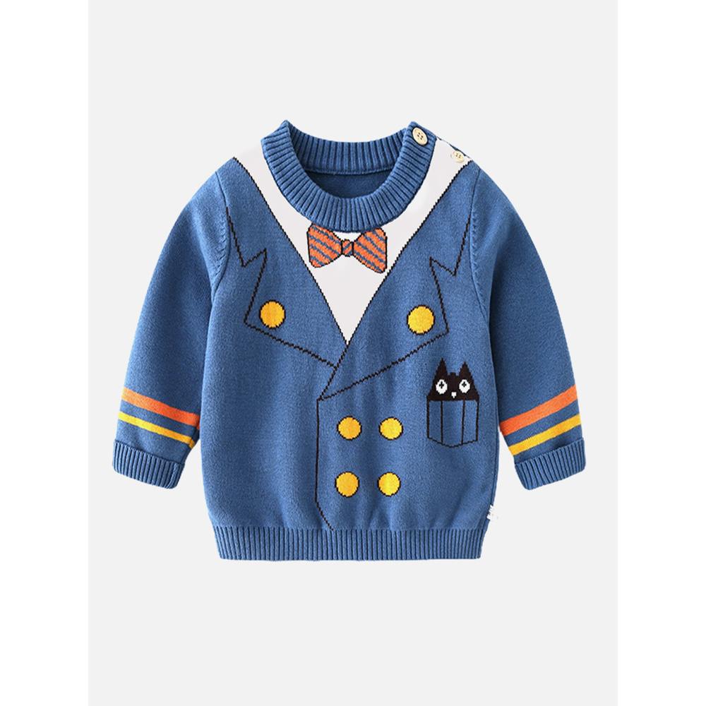 Blue, Little Man Bow Print Kids Cardigan Sweater, Round Neck