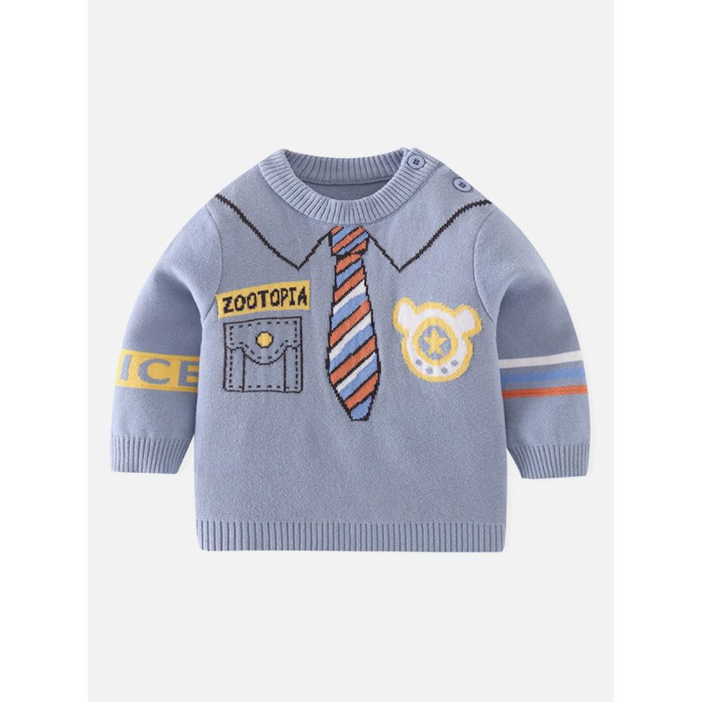 Light Blue, Little Man Tie Print Kids Cardigan Sweater, Round Neck