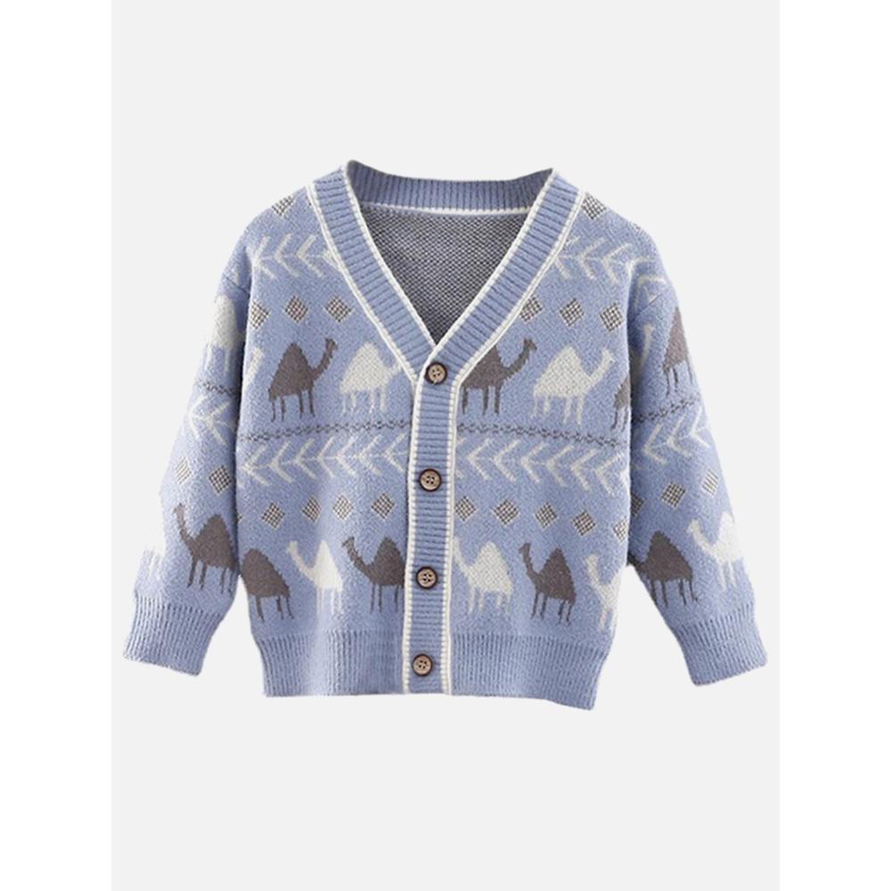 Kids Light Blue Camel Troop, Cardigan V neck Sweater