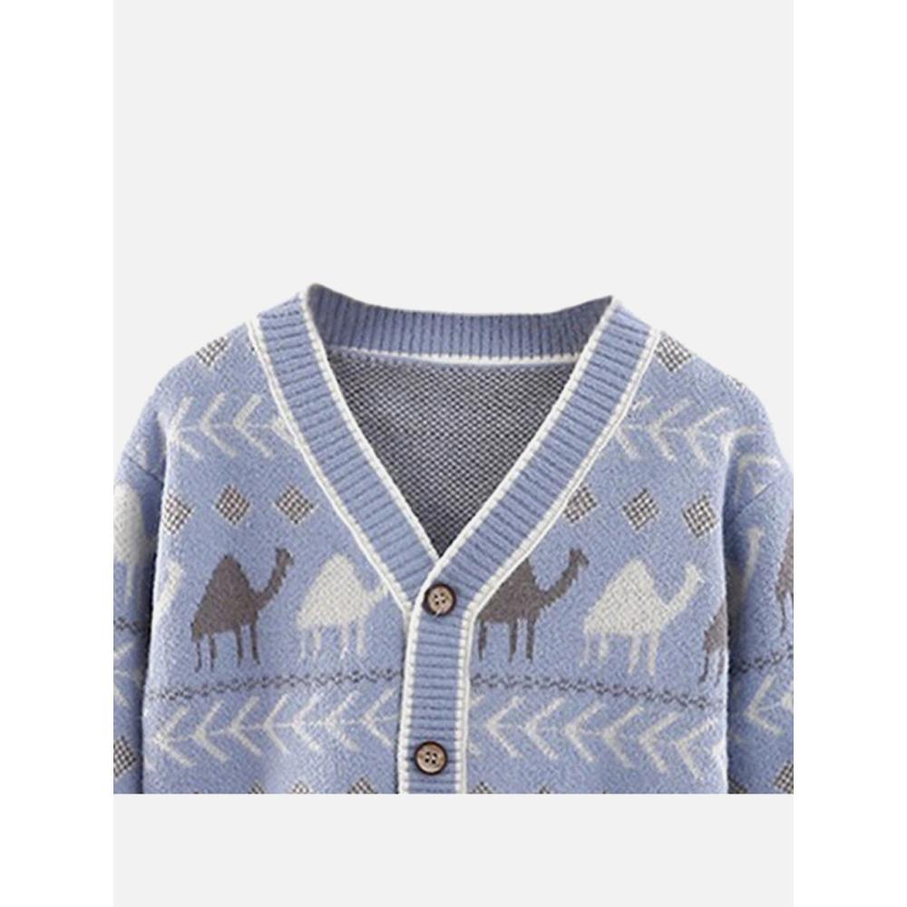 Kids Navy Blue with Striking Mustard Stripes Cardigan Sweater V Neck