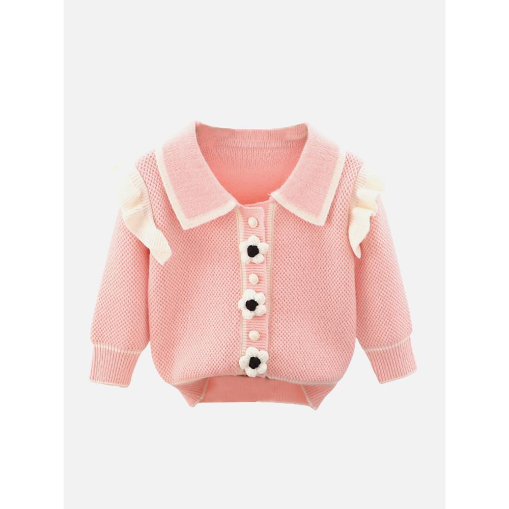 Kids Baby Pink Knitted Cardigan V neck Sweater With Flower Buttons