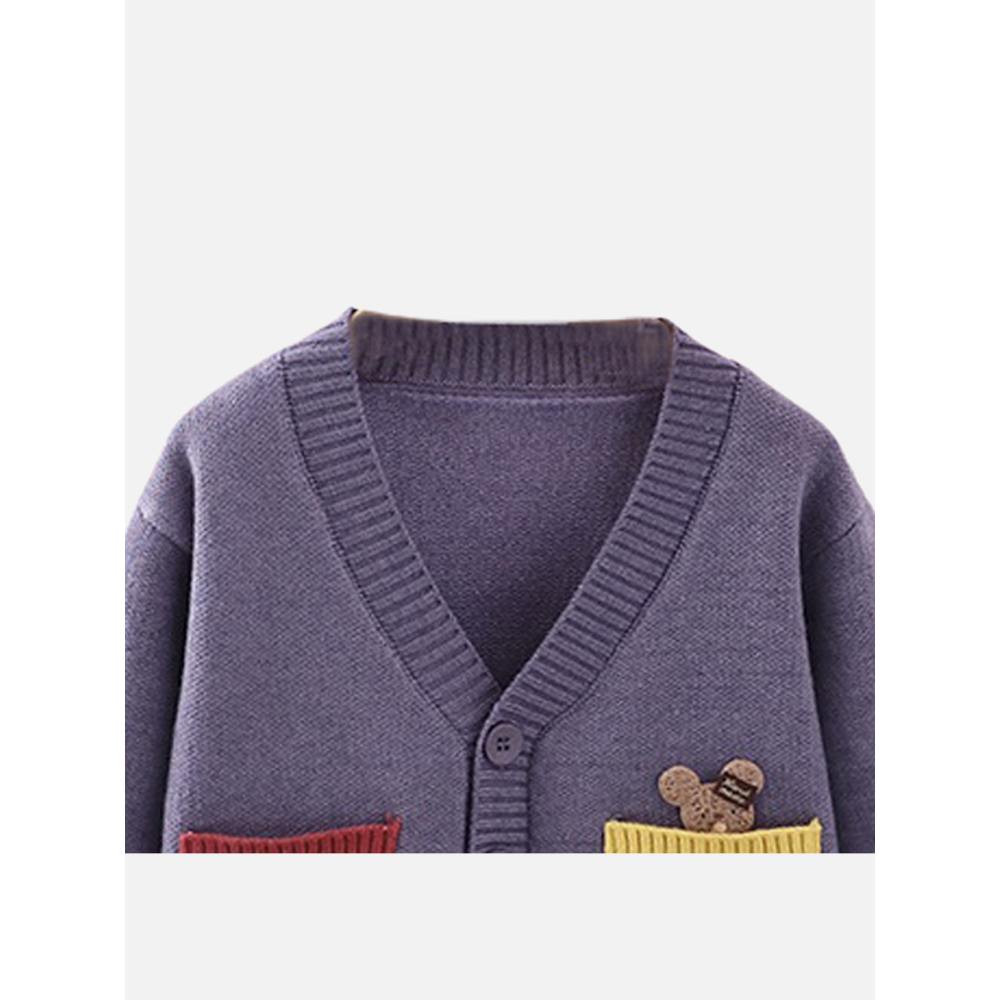 Kids Muave Cardigan Sweater V Neck With Front Pockets