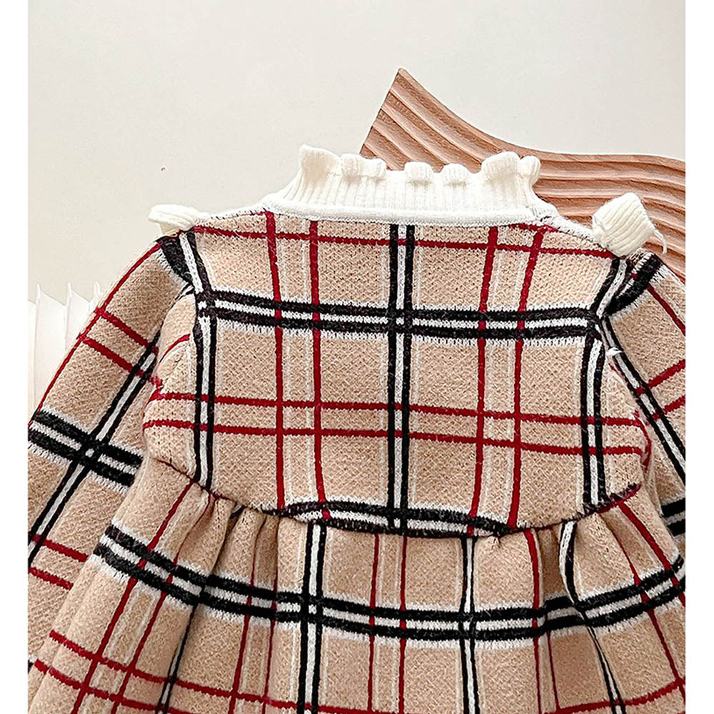 Little Surprise Box Beige Sailor Checkered Knitted Frock Winterwear For Girls