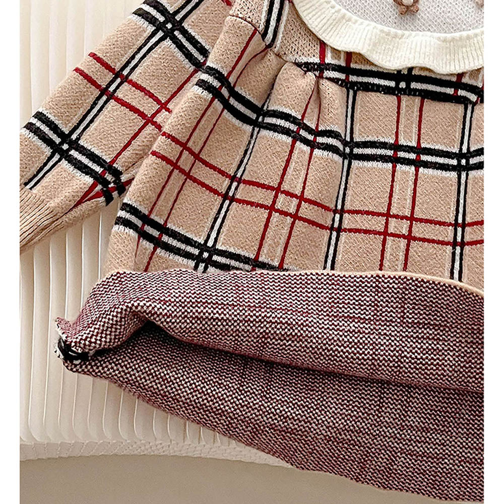 Little Surprise Box Beige Sailor Checkered Knitted Frock Winterwear For Girls