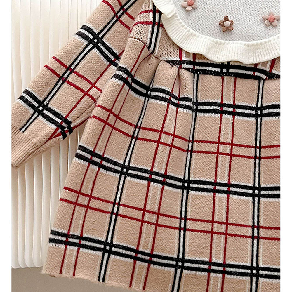 Little Surprise Box Beige Sailor Checkered Knitted Frock Winterwear For Girls
