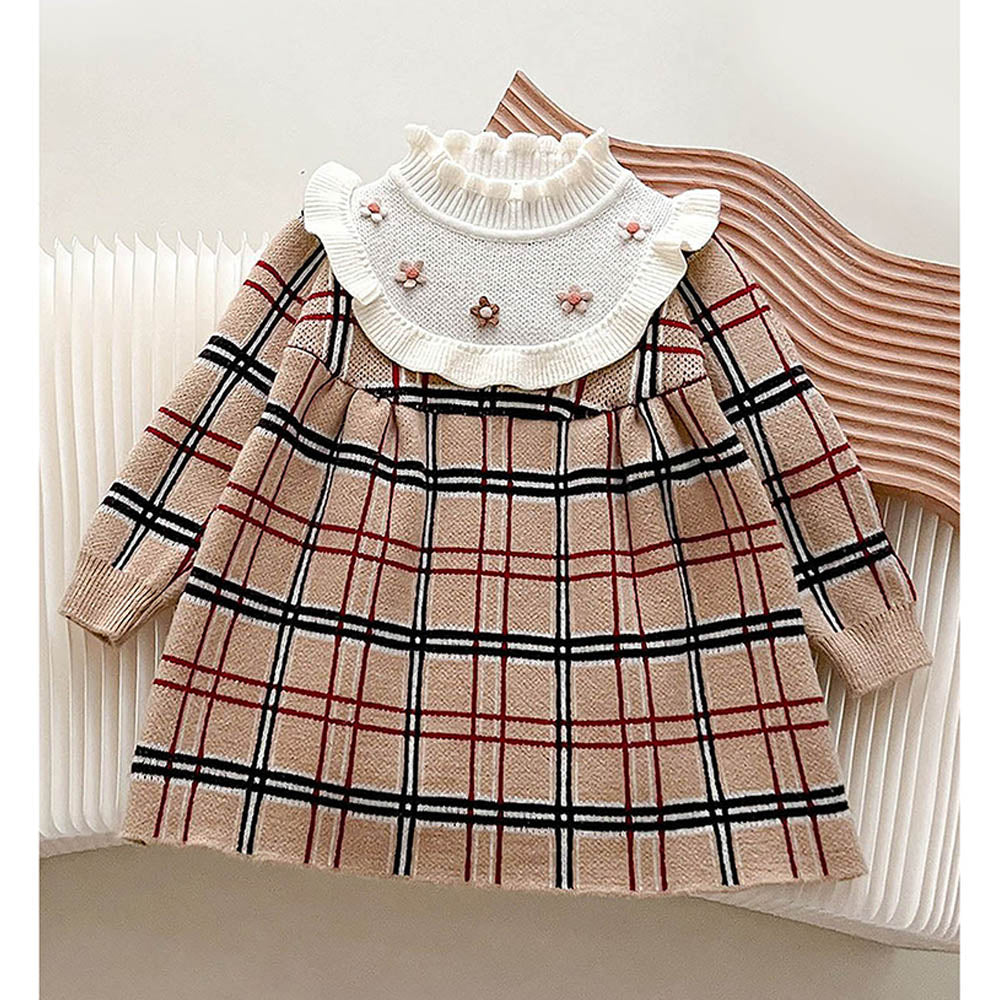 Little Surprise Box Beige Sailor Checkered Knitted Frock Winterwear For Girls