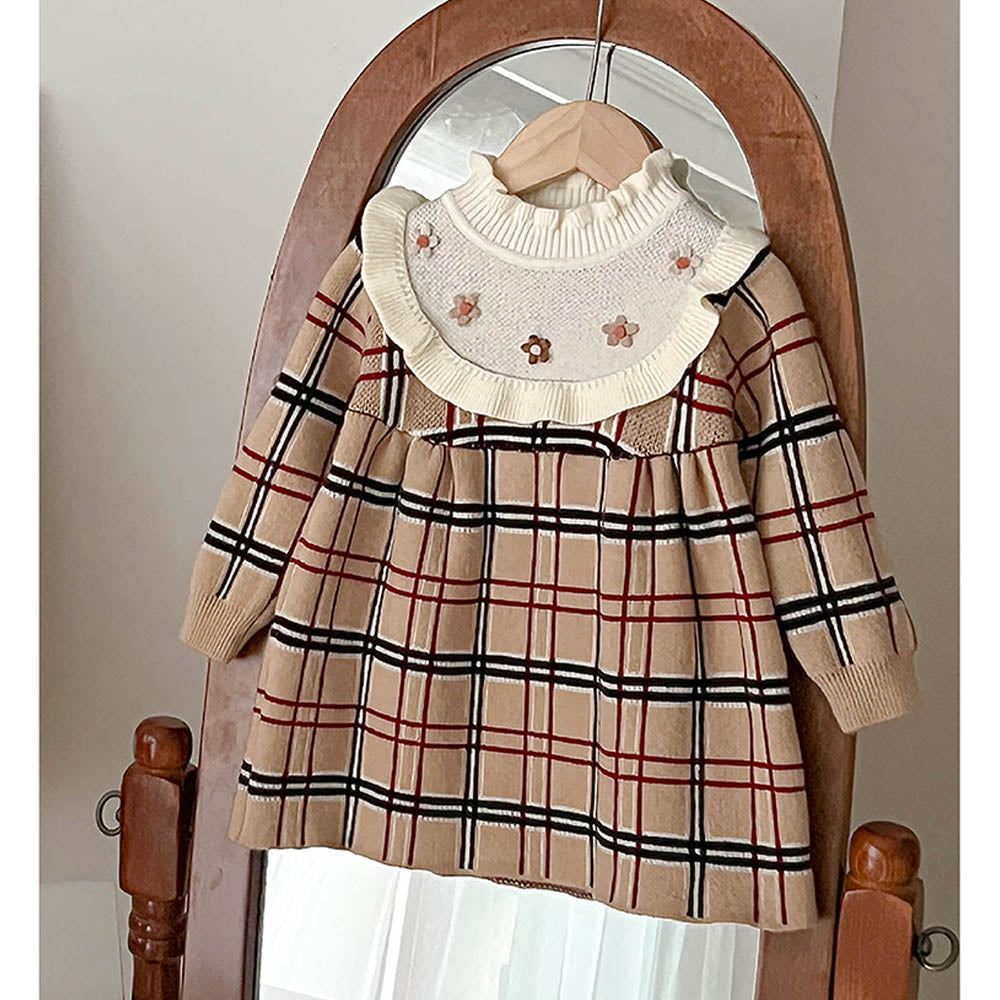 Little Surprise Box Beige Sailor Checkered Knitted Frock Winterwear For Girls