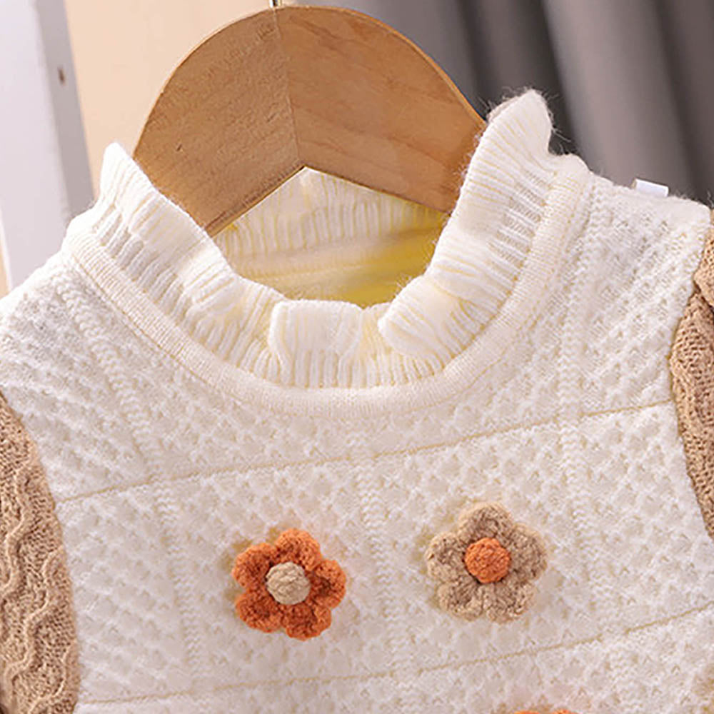 Little Surprise Box Brown & Cream Front Floral Jacket Patterned Knitted Frock Winterwear For Girls