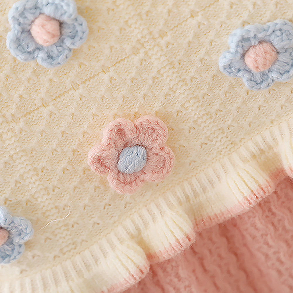 Little Surprise Box Pink & Cream Front Floral Jacket Patterned Knitted Frock Winter Wear For Girls