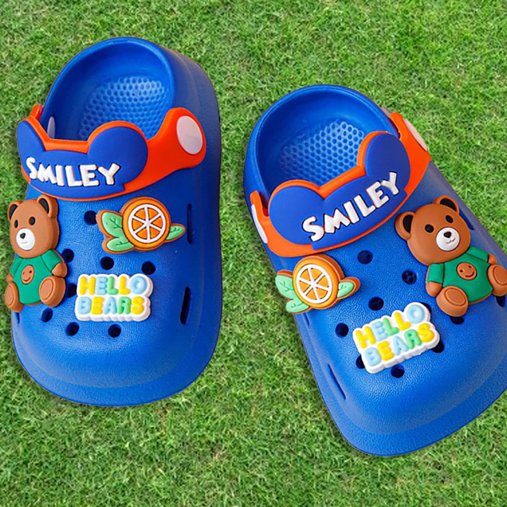 Little Surprise Box Dark Blue & Orange Bear, Slip on Clogs ,Summer/Monsoon/ Beach Footwear for Toddlers and Kids, Unisex.