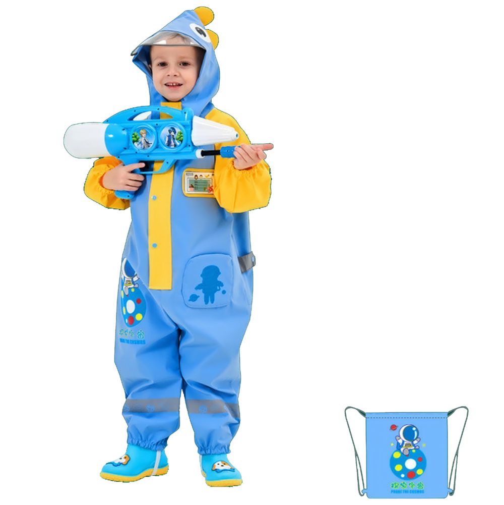 Blue & Yellow Space Full Jumpsuit Style Raincoat For Toddlers And Kids