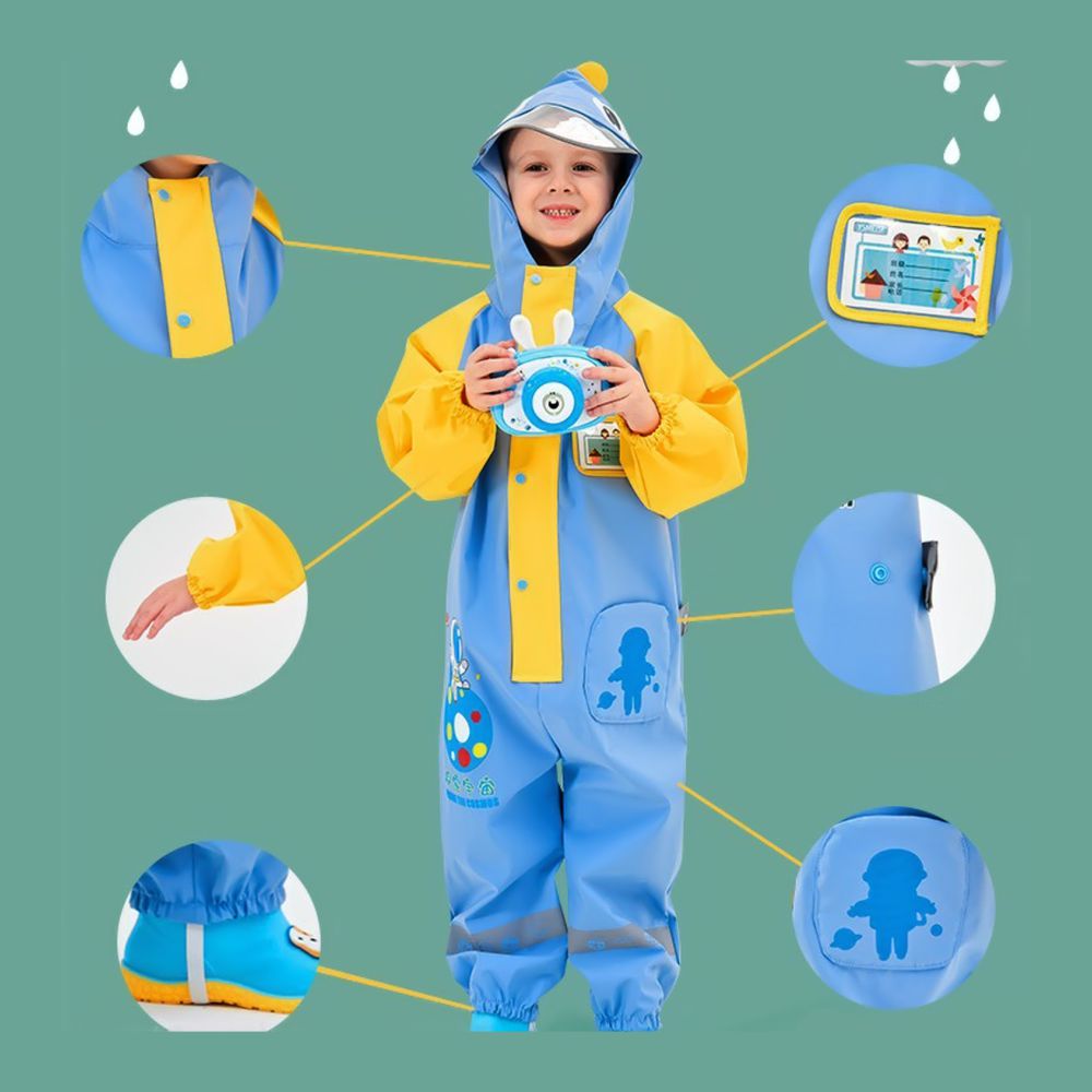 Blue & Yellow Space Full Jumpsuit Style Raincoat For Toddlers And Kids