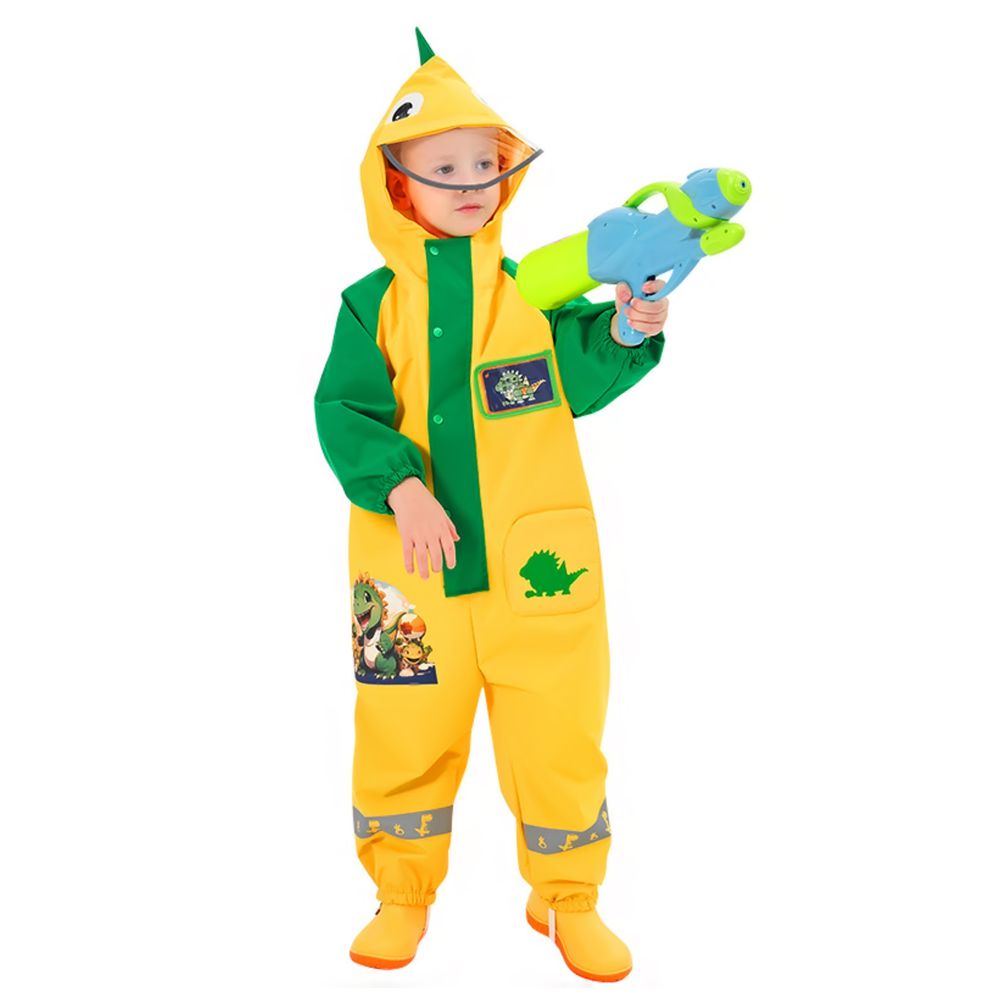 Dinosaur Friends Themed Yellow Full Jumpsuit Style Raincoat For Toddlers and Kids