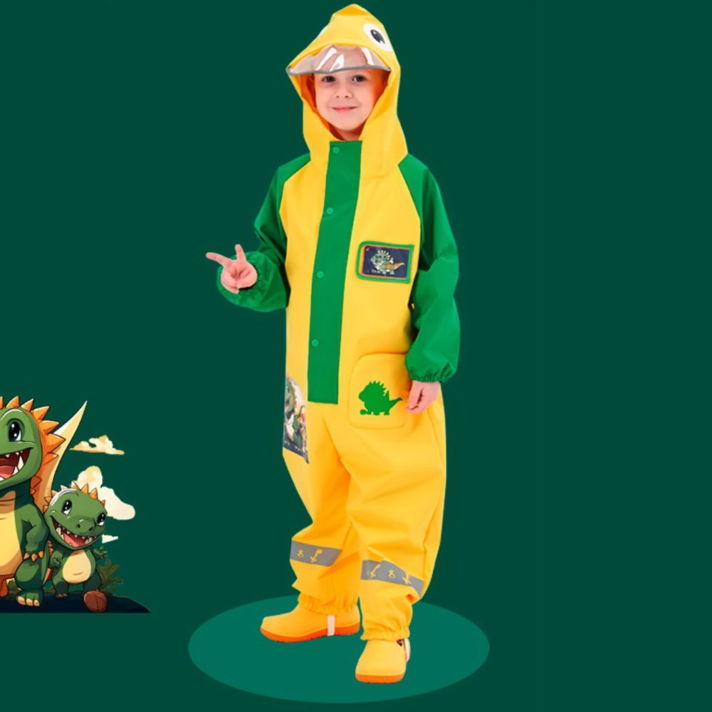 Dinosaur Friends Themed Yellow Full Jumpsuit Style Raincoat For Toddlers and Kids