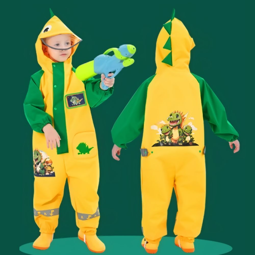 Dinosaur Friends Themed Yellow Full Jumpsuit Style Raincoat For Toddlers and Kids