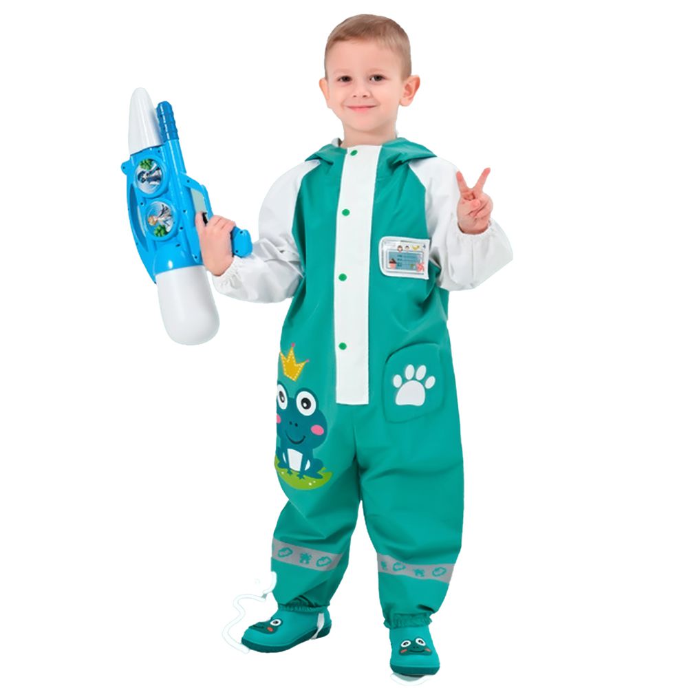 White & Teal Frog Full Jumpsuit Style Raincoat For Toddlers And Kids