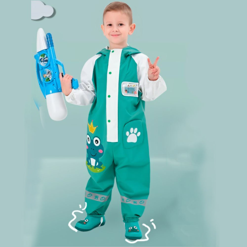 White & Teal Frog Full Jumpsuit Style Raincoat For Toddlers And Kids