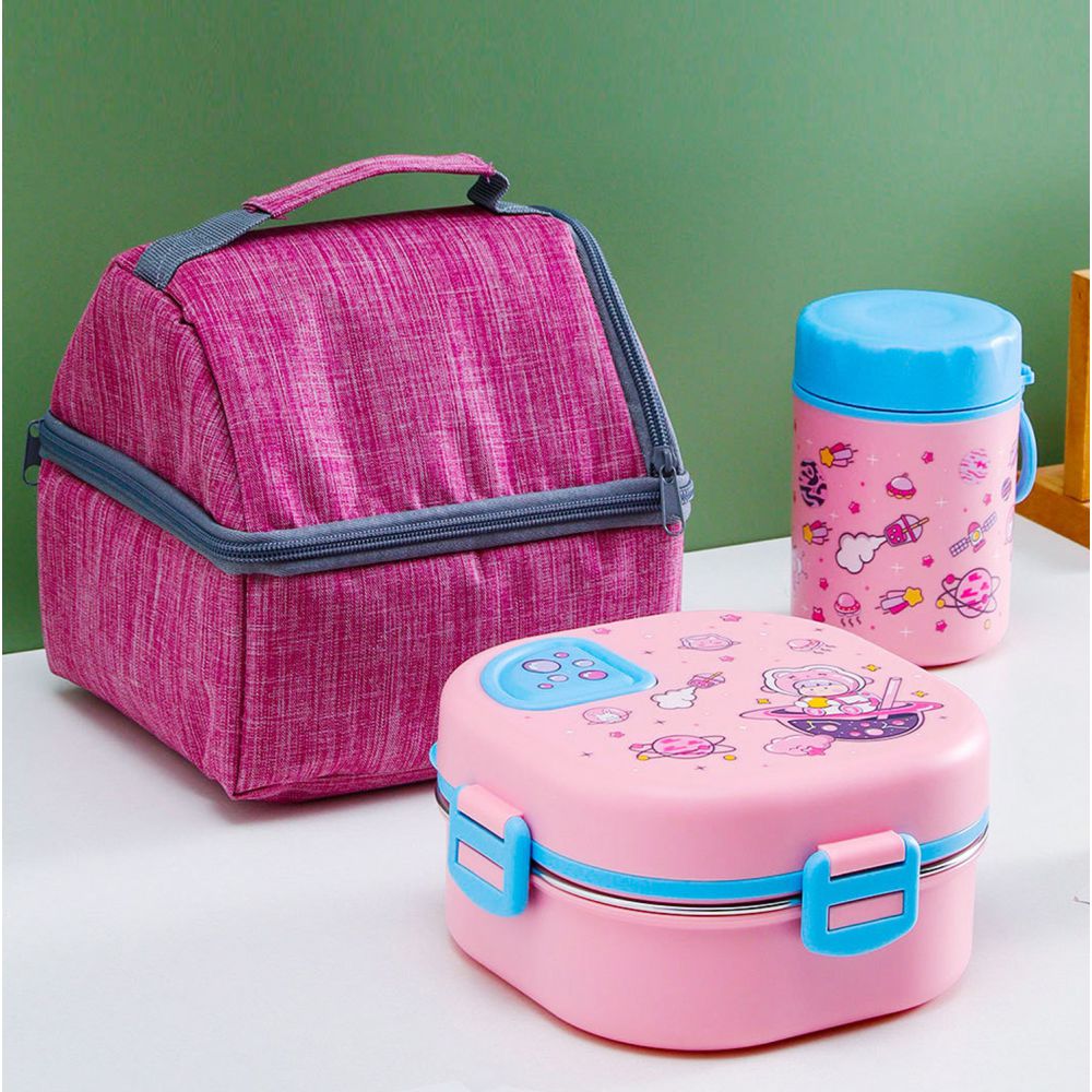 Pink Space Slice 2pcs, Stainless Steel Soup Box and Lunch Box with Bag for Kids
