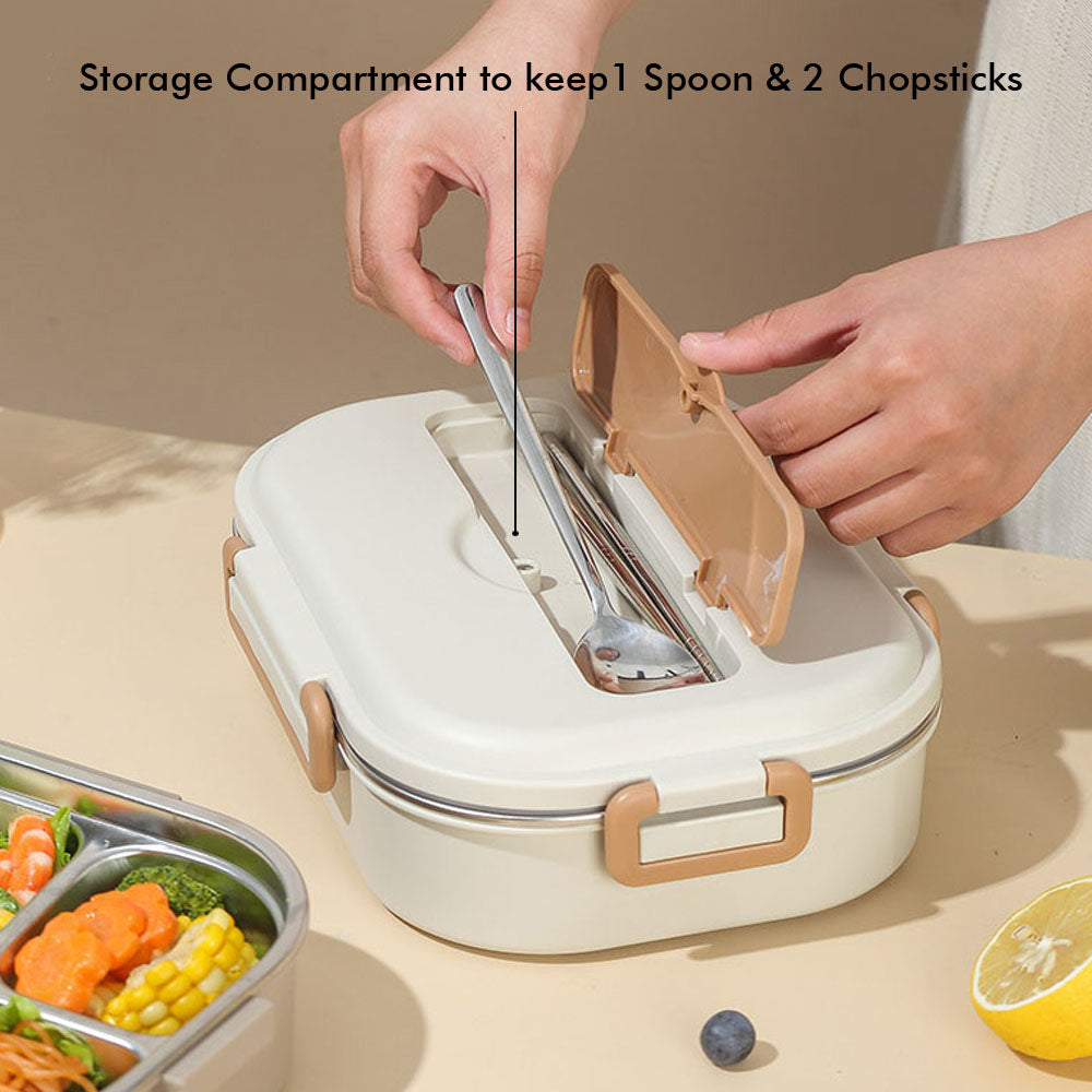 Little Surprise Box Medium Size Stainless Steel Lunch Box /Tiffin With Insulated Matching Vertical Lunch Bag For Kids And Adults, Cream Brown Bear With Steel Spoon And Steel Chopsticks For Kids And Adults.